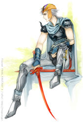1boy arm_shield armor bandana black_armor blue_cape breastplate cape dagger expressionless final_fantasy final_fantasy_ii firion forehead_jewel full_body gem grey_armor grey_hair highres holding holding_sword holding_weapon invisible_chair knee_up knife leg_up looking_to_the_side male_focus orange_bandana profile red_gemstone scabbard sheath short_hair shoulder_armor shoulder_pads shoulder_spikes sifuri sitting solo spiked_pauldrons spikes sword weapon wrist_guards