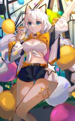 1girl :o absurdres animal_ear_hairband animal_ears balloon black_shorts blue_eyes breasts bubble_tea cat_ear_hairband cat_ears commentary_request cosplay cup disposable_cup fake_animal_ears ferris_wheel hairband highres holding holding_cup honkai_(series) honkai_impact_3rd jacket kiana_kaslana kiana_kaslana_(coco) kiana_kaslana_(cosplay) lk_luke long_hair medium_breasts midriff navel official_alternate_costume open_mouth orange_jacket short_shorts shorts solo star_tattoo strapless tattoo tube_top white_hair white_tube_top