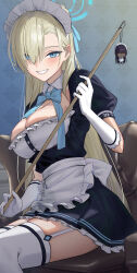 1girl absurdres aqua_eyes asuna_(blue_archive) black_skirt blonde_hair blue_archive breasts charm_(object) chibi cleavage couch garter_belt garter_straps gloves grin highres holding holding_mop karin_(blue_archive) large_breasts long_hair looking_at_viewer maid maid_headdress mop sitting skirt smile solo takeda_yousuke teeth thighhighs white_garter_straps white_gloves white_thighhighs
