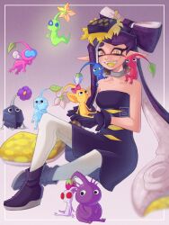 1girl bare_shoulders blue_pikmin breasts callie_(splatoon) dress gloves glow_pikmin highres ice_pikmin medium_breasts nintendo pikmin_(series) pikmin_4 pointy_ears purple_pikmin red_pikmin rin_rin10 rock_pikmin sitting sleeveless smile splatoon_(series) splatoon_3 tentacle_hair white_pikmin winged_pikmin yellow_eyes yellow_pikmin