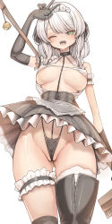 arm_up asymmetrical_legwear black_gloves black_panties boots breasts breasts_apart broom commission elbow_gloves frilled_thigh_strap genek gloves gluteal_fold green_eyes grey_hair highleg highleg_panties highres holding holding_broom large_breasts long_hair looking_at_viewer maid maid_headdress one_eye_closed open_mouth original panties single_thigh_boot skeb_commission thigh_boots thigh_strap underwear v