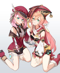 2girls antlers asymmetrical_bangs bare_shoulders black_bloomers black_bra bloomers blue_gemstone bow bra breasts brown_skirt newsboy_cap camera charlotte_(genshin_impact) chibi_vanille coin_hair_ornament crop_top cross-laced_clothes cross-laced_sleeves detached_sleeves fold-over_boots gem genshin_impact green_eyes hair_between_eyes hair_ornament hat hat_feather highres horns lace-up_sleeves midriff monocle multiple_girls pink_hair pom_pom_(clothes) porkpie_hat puffy_detached_sleeves puffy_sleeves red_headwear red_sleeves shirt sidelocks simple_background sitting skirt sleeveless sleeveless_shirt small_breasts suspenders thigh_strap underbust underwear white_background white_shirt white_sleeves yanfei_(genshin_impact) yellow_bow yokozuwari