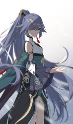 1girl absurdres artist_logo bare_shoulders blue_eyes chinese_clothes closed_mouth clothing_request commentary_request cowboy_shot feathers flat_chest from_side fu_hua fu_hua_(azure_empyrea) gradient_background grey_hair hair_ornament hand_up highres honkai_(series) honkai_impact_3rd logo long_hair long_sleeves luyue ponytail snowing solo very_long_hair wide_sleeves