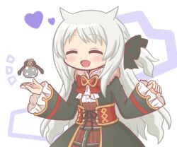 1girl :d ^_^ azusa_mifuyu azusa_mifuyu_(hajimari_ver.) bad_id bad_twitter_id black_bow blush bow closed_eyes dress facing_viewer frilled_sleeves frills grey_hair hair_bow hands_up heart jacket long_hair long_sleeves magia_record:_mahou_shoujo_madoka_magica_gaiden mahou_shoujo_madoka_magica one_side_up open_mouth red_bow reverse_(bluefencer) satomi_touka satomi_touka_(cosplay) simple_background sleeves_past_wrists smile solo very_long_hair white_background wide_sleeves
