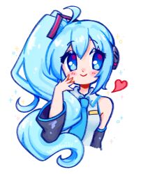 1girl artist_name blue_eyes blue_hair blue_necktie blush breasts collared_shirt cowlick detached_sleeves grey_shirt hair_between_eyes hatsune_miku heart highres latteswiirl long_hair looking_at_viewer meme necktie shirt side_ponytail sidetail_miku_noodle_stopper_(meme) sleeveless sleeveless_shirt small_breasts smile solo sparkle very_long_hair vocaloid white_background