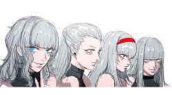 4girls absurdres blue_eyes blunt_bangs earrings grey_eyes grey_hair grin hair_pulled_back hairband highres jewelry lineup long_hair looking_ahead looking_at_viewer medium_hair multiple_girls original parted_lips peinlike ponytail portrait red_eyes red_hairband simple_background sketch smile wavy_hair white_background