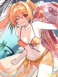 Rule 34 | 1girl, ahoge, bare shoulders, beach, bikini, breasts, eiyuu densetsu, estelle bright, highres, holding, holding swim ring, innertube, long hair, looking at viewer, navel, orange bikini, orange hair, orange sarong, red eyes, sagara riri, sarong, see-through clothes, see-through sarong, smile, solo, sora no kiseki, stomach, swim ring, swimsuit, twintails, twitter username