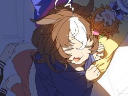 Rule 34 | 1girl, 1other, ahoge, blanket, blue pajamas, breasts, brown hair, character doll, closed eyes, commentary request, covering with blanket, drooling, highres, holding, holding blanket, indoors, koushikitarou (oisiine8931), large breasts, lying, meisho doto (umamusume), multicolored hair, night, on bed, out of frame, pajamas, pillow, sleeping, streaked hair, t.m. opera o (umamusume), umamusume, white hair