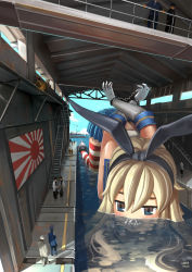 10s 1girl 2014 :&lt; admiral_(kancolle) air_bubble arms_behind_back artist_name bdsm blonde_hair blue_eyes blush bondage bound bound_wrists bubble cloud cuffs dated day dock elbow_gloves female_focus giant giantess gloves hairband handcuffs highres jitome kantai_collection long_hair luanluan midriff miniskirt open_mouth partially_submerged personification pleated_skirt red_thighhighs rising_sun_flag sailor_collar shimakaze_(kancolle) signature skirt sleeveless solo solo_focus stairs standing striped_clothes striped_thighhighs sunburst thighhighs too_literal top-down_bottom-up triangle_mouth water white_gloves
