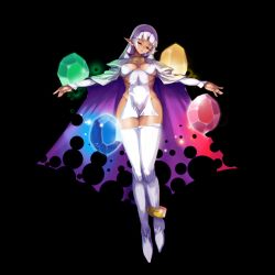 1girl arcana_heart arcana_heart_2 artist_request breasts cape cleavage closed_eyes covered_erect_nipples dark-skinned_female dark_skin elf female_focus full_body gem glowing glowing_jewelry jewelry large_breasts long_hair no_bra no_panties official_art parace_l&#039;sia pointy_ears revealing_clothes sky smile solo thighhighs torn_cape torn_clothes transparent_background white_hair white_thighhighs