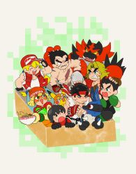 ^_^ arms_(game) baseball_cap beanie bento black_hair blonde_hair blouse blue_eyes boxer breasts brown_hair cleavage closed_eyes clothed_pokemon cosplay_pikachu creatures_(company) denim domino_mask dougi dragon_(arms) eyebrows_visible_through_mask fatal_fury fatal_fury_cap fingerless_gloves food game_freak gen_1_pokemon gen_4_pokemon gen_7_pokemon gloves hand_on_another&#039;s_head hat headband highres incineroar jeans ken_masters knit_hat little_mac long_hair looking_at_viewer lucario male_focus mask mii_(nintendo) mii_brawler min_min_(arms) mishima_kazuya multiple_boys muscular nintendo noodles open_mouth pants pikachu pikachu_libre pokemon pokemon_(creature) pokken_tournament ponytail punch-out!! red_eyes red_footwear ryu_(street_fighter) scar scar_on_arm shirt short_hair simple_background smile street_fighter street_fighter_ii_(series) super_smash_bros. teeth tekken terry_bogard the_king_of_fighters thick_eyebrows topless_male upper_teeth_only vest white_shirt ya_tudoki15