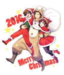 animal_costume antlers bad_tag blue_eyes boots brown_eyes brown_hair christmas date_masamune dress eyepatch facial_hair feather_hair_ornament fur_trim hair_ornament hat hosokawa_gracia hug lifting_person merry_christmas open_mouth red_hair reindeer_antlers reindeer_costume saika_magoichi santa_costume santa_dress santa_hat sengoku_musou smile stubble sweatdrop