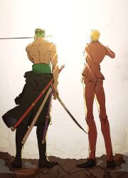 Rule 34 | 2boys, absurdres, back, blonde hair, boots, commentary request, drw a n, formal clothes, full body, green hair, haramaki, highres, holding, holding sword, holding weapon, male focus, multiple boys, one piece, red suit, roronoa zoro, sanji (one piece), smoke, suit, sword, topless male, weapon, weapon in mouth