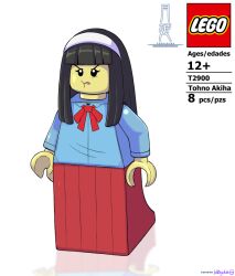 Rule 34 | 1girl, artist name, blue shirt, bow, d0gduk, hairband, hime cut, lego, lego minifig, long hair, pout, red bow, red skirt, reflective floor, shirt, skirt, tohno akiha, tsukihime, watermark