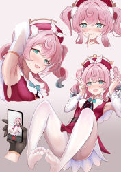1girl absurdres ahoge aqua_bow aqua_bowtie aqua_eyes aqua_hair arm_up armpits blush bow bowtie closed_mouth detached_sleeves dress drill_hair gradient_hair hat highres holding honkai:_star_rail honkai_(series) hyacine_(honkai:_star_rail) layered_dress long_sleeves looking_at_viewer medium_hair multicolored_hair mumi_daohu no_shoes one_eye_closed open_mouth pantyhose pink_background pink_hair red_dress red_hat red_skirt simple_background skirt smile twintails two-tone_hair white_pantyhose