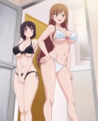 Rule 34 | 2girls, anime screenshot, ayane shirakawa, bikini, black bikini, black hair, blush, breasts, brown eyes, brown hair, bursting breasts, cleavage, collarbone, covered erect nipples, curvy, hand on own hip, highres, kotone shirakawa, large breasts, long hair, multiple girls, navel, overflow (anime), short hair, siblings, sidelocks, sisters, smile, stitched, stomach, swimsuit, third-party edit, underboob, white bikini, wide hips