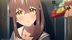 1girl :o anime_coloring blush brown_hair collarbone copyright_name door food hair_between_eyes highres holding holding_food long_hair looking_up nakashiki_saori open_mouth otonari-san_(sasaki_to_p-chan) ponytail pov pov_hands sasaki_to_p-chan school_uniform serafuku solo upper_body yellow_eyes