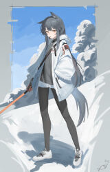 1girl absurdres animal_ear_fluff animal_ears arknights black_hair black_pantyhose black_shirt blue_sky border chinese_commentary commentary_request crossbody_bag food food_in_mouth fur-trimmed_jacket fur_trim gloves grey_background highres holding holding_sword holding_weapon id_card jacket long_hair looking_at_viewer orange_eyes orange_gloves outdoors pantyhose pocky pocky_in_mouth shirt shoes shorts sidelocks simple_background sky snow solo sword tail texas_(arknights) texas_(winter_messenger)_(arknights) weapon white_jacket white_shoes white_shorts wolf_ears wolf_tail yu_juan