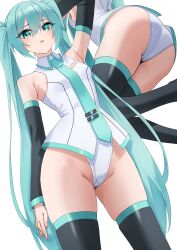 Rule 34 | 1girl, amaama (beccyonaika1), aqua eyes, aqua hair, ass, ass focus, bare shoulders, blush, breasts, cameltoe, detached sleeves, embarrassed, from behind, from below, hair ornament, hatsune miku, leotard, long hair, looking at viewer, looking down, open mouth, shirt, small breasts, solo, thick thighs, thighhighs, thighs, twintails, very long hair, vocaloid