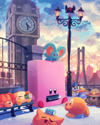 :d absurdres awoofy bandana bandana_waddle_dee beanie bench bernard_(kirby) bird blue_bandana blue_eyes blush blush_stickers bridge building can chilly_(kirby) cityscape clock clock_tower clocker closed_eyes cloud commentary_request corori dog drink drinking elfilin fence full_body gradient_sky hat highres holding holding_can kirby kirby_(series) kirby_and_the_forgotten_land lamppost mouthful_mode needlous nintendo no_humans open_mouth orange_headwear outdoors scarfy sitting sky sleeping smile snowflakes snowing snowman sunset suyasuyabi tower ufo_(kirby) vending_machine vending_mouth waddle_dee