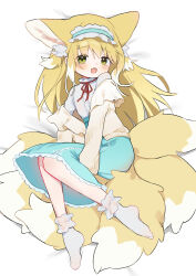 1girl absurdres animal_ears arknights blonde_hair bobby_socks cardigan commentary fox_ears fox_girl fox_tail frilled_hairband frills green_eyes hairband highres kitsune long_hair long_sleeves multiple_tails neck_ribbon no_shoes official_alternate_costume red_ribbon ribbon shirt skirt socks solo suzuran_(arknights) suzuran_(spring_praise)_(arknights) tail unitedunti white_shirt white_socks yellow_cardigan