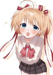 1girl :d ahoge blonde_hair blue_eyes blush bow bowtie collared_shirt commentary_request cowboy_shot drop_shadow eshiko grey_skirt hair_between_eyes hair_ornament hair_ribbon happy heart highres kamikita_komari lightning_bolt_symbol little_busters! long_ribbon looking_at_viewer miniskirt open_mouth pink_bow pink_bowtie plaid_clothes plaid_skirt red_ribbon ribbon shirt short_hair simple_background skirt smile solo spiked_hair star_(symbol) star_hair_ornament sweater two_side_up white_background white_shirt yellow_sweater