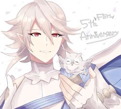 1boy ^_^ absurdres anniversary bird closed_eyes commentary_request copyright_name male_corrin_(adrift)_(fire_emblem) male_corrin_(fire_emblem) feh_(fire_emblem_heroes) fire_emblem fire_emblem_fates fire_emblem_heroes grey_hair hair_between_eyes highres loose_hair_strand male_focus medium_hair n_54 nintendo official_alternate_costume owl red_eyes smile upper_body white_background