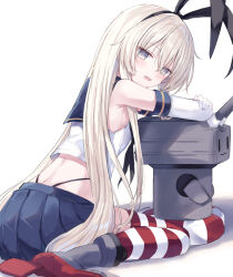 Rule 34 | 1girl, animal ear hairband, animal ears, black hairband, black panties, blonde hair, blue sailor collar, blue skirt, blush, boots, commentary, crop top, cropped shirt, crossed bangs, double-parted bangs, elbow gloves, fake animal ears, from behind, full body, gloves, grey boots, grey eyes, hair between eyes, hairband, highleg, highleg panties, highres, kantai collection, long hair, long sidelocks, looking at viewer, looking back, lower teeth only, miniskirt, open mouth, panties, pleated skirt, rabbit ear hairband, rabbit ears, red thighhighs, rensouhou-chan, rudder footwear, sailor collar, shadow, shikuro (iorimiyakiyo), shimakaze (kancolle), shirt, sidelocks, simple background, sitting, skirt, sleeveless, sleeveless shirt, solo focus, striped clothes, striped thighhighs, teeth, thighhighs, turning head, underwear, very long hair, white background, white gloves, white shirt, white thighhighs