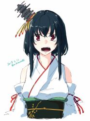 1girl black_hair breasts dated detached_sleeves hair_ornament kantai_collection looking_at_viewer off_shoulder red_eyes solo takuzui upper_body white_background yamashiro_(kancolle)