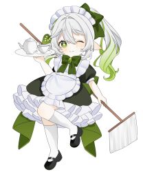 1girl ;) absurdres alternate_costume apron black_dress black_shoes blonde_hair blush bow bowtie closed_mouth commentary_request cup dress enmaided frilled_apron frilled_hairband frills full_body genshin_impact gradient_hair green_bow green_bowtie green_eyes green_hair hair_between_eyes hair_ornament hairband highres holding holding_mop holding_tray kumane_(osakanadonn) leaf_hair_ornament long_hair looking_at_viewer maid maid_apron maid_headdress mary_janes mop multicolored_hair nahida_(genshin_impact) one_eye_closed petticoat pointy_ears puffy_short_sleeves puffy_sleeves shoes short_sleeves side_ponytail simple_background smile socks solo star-shaped_pupils star_(symbol) symbol-shaped_pupils teacup teapot tray white_apron white_background white_hair white_hairband white_socks