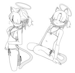 1girl animal_ears bikini blue_archive cat_ears cat_girl cat_tail chlorella_observation_club_member_(blue_archive) chlorella_observation_club_member_(swimsuit)_(blue_archive) choker cropped_legs extra_ears flat_chest greyscale hair_bobbles hair_ornament hair_over_eyes halo loli micro_bikini monochrome multiple_views navel parted_bangs pouch saiste short_hair side-tie_bikini_bottom simple_background sitting smile standing stomach striped_bikini striped_clothes swimsuit tail thigh_pouch two_side_up white_background