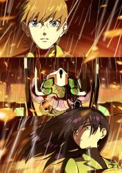 1boy 1girl black_hair commentary_request conch_(gundam) debris energy fake_screenshot gfred glowing gundam gundam_gquuuuuux hangar highres long_hair mecha military_rank_insignia military_uniform mobile_suit mole mole_under_mouth nyaan_(gundam_gquuuuuux) parted_lips rain robot science_fiction sparks spoilers upper_body xavier_olivette yy_shibata zeon