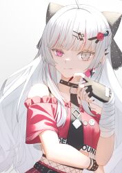 1girl absurdres ahoge bare_shoulders bow bracelet choker fingerless_gloves fingernails gloves grey_eyes hair_bow hair_ornament hairclip heterochromia highres hoshi_shimeji_(yuki-e-toriusu1) ishigami_nozomi ishigami_nozomi_(1st_costume) jewelry long_hair looking_at_viewer nail_polish nijisanji pink_eyes sharp_fingernails single_fingerless_glove solo uneven_eyes white_hair