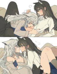 2girls animal_ears arknights black_hair black_pantyhose black_skirt blue_skirt blush closed_mouth collared_shirt commentary_request grey_eyes grey_shirt highres lappland_(arknights) licking licking_stomach long_hair long_sleeves material_growth multiple_girls open_clothes open_shirt orange_eyes oripathy_lesion_(arknights) pantyhose parted_lips scar scar_on_shoulder scar_on_stomach seri_(vyrlw) shirt skirt sweat texas_(arknights) white_shirt wolf_ears yuri