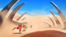 1girl 2boys cid_highwind cloak desert final_fantasy final_fantasy_vii footprints goggles headband highres jacket multiple_boys peonrin sand square_enix stone vincent_valentine yuffie_kisaragi