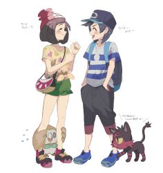1boy 1girl :d ^_^ aoaomzir backpack bag baseball_cap beanie black_bag black_hair black_headwear blue_footwear blue_shirt blush capri_pants closed_eyes closed_mouth creatures_(company) elio_(pokemon) floral_print game_freak gen_7_pokemon green_shorts grey_pants hands_in_pockets hands_up hat highres litten medium_hair nintendo open_mouth pants pokemon pokemon_(creature) pokemon_sm red_headwear rowlet selene_(pokemon) shirt shoes short_shorts short_sleeves shorts smile sneakers striped_clothes striped_shirt swept_bangs t-shirt teeth tied_shirt transparent_background upper_teeth_only white_background