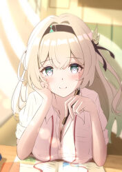 Rule 34 | 1girl, black hairband, black ribbon, breasts, cleavage, closed mouth, collared shirt, desk, firefly (honkai: star rail), green pupils, grey hair, hair between eyes, hair intakes, hair ornament, hair ribbon, hairband, hand on own face, highres, holding, holding pen, honkai: star rail, honkai (series), large breasts, mashiro (user 65392488), multicolored eyes, on desk, pen, red ribbon, ribbon, shirt, sitting, smile, solo, two-tone eyes, unbuttoned, unbuttoned shirt, untied ribbon, white shirt
