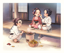 1girl 2boys ^_^ akaza_(kimetsu_no_yaiba) autumn autumn_leaves barefoot basket bodypaint border bowl chestnut chopsticks closed_eyes clothes_writing coat cooking day double_bun dougi eating eyelashes father_and_daughter feeding flower forked_eyebrows grill grilling hair_bun hair_flower hair_ornament hair_pulled_back happy holding holding_chopsticks indian_style japanese_clothes keizou_(kimetsu_no_yaiba) kimetsu_no_yaiba kimono koyuki_(kimetsu_no_yaiba) leaf long_sleeves multiple_boys obi on_floor outdoors pink_kimono polka_dot polka_dot_kimono ponytail porch red_coat rounded_corners sandals sash seiza shichirin short_hair sitting slice_of_life sliding_doors squatting twitter_username updo veranda white_border yuki_(yuki3243) zouri