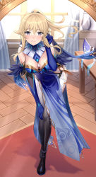 Rule 34 | 1girl, backlighting, bare shoulders, black footwear, blonde hair, blue dress, blue gloves, blue ribbon, blush, breasts, cleavage, cosplay, curtains, dress, elbow gloves, genshin impact, gloves, grey eyes, hair ribbon, hat, unworn hat, unworn headwear, highres, hip vent, jean (genshin impact), large breasts, leaning forward, long hair, looking at viewer, mirror maiden (genshin impact), mirror maiden (genshin impact) (cosplay), pants, pelvic curtain, ponytail, ribbon, ririko (zhuoyandesailaer), sidelocks, solo, white pants, window