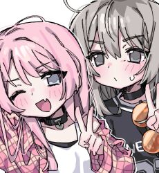 Rule 34 | 2girls, bang dream!, bang dream! it&#039;s mygo!!!!!, blush, chihaya anon, fang, girls band cry, grey eyes, grey hair, kawaragi momoka, long hair, long sleeves, metametmonmong, multiple girls, one eye closed, open mouth, pink hair