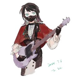1girl bang_dream! bang_dream!_it&#039;s_mygo!!!!! bass_guitar black_hair black_mask black_vest blue_eyes capelet commentary dated earrings highres holding holding_plectrum instrument jewelry medium_hair plectrum red_capelet simple_background solo symbol-only_commentary timoris_(bang_dream!) tong_(acro826) vest white_background yahata_umiri