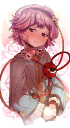 1girl absurdres blue_shirt blush buttons commentary_request cropped_torso disgust eyeball flat_chest floral_background frilled_shirt_collar frills full-face_blush half-closed_eyes head_tilt heart_button highres ichirugi komeiji_satori long_sleeves looking_at_viewer messy_hair own_hands_together parted_lips purple_eyes purple_hair shirt short_hair simple_background solo sweat teeth third_eye touhou upper_body white_background