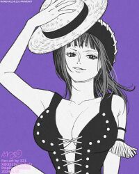 1girl 321 armlet blunt_bangs breasts cleavage commentary_request cross-laced_clothes cross-laced_top dated eyelashes hat highres holding holding_unworn_clothes holding_unworn_hat jewelry large_breasts long_hair looking_at_viewer nico_robin one_piece purple_background simple_background solo straw_hat twitter_username unworn_hat unworn_headwear upper_body
