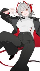 1girl absurdres alternate_costume antennae arasaka_inu arknights black_coat black_pants black_tail breasts casual coat coat_partially_removed demon_horns demon_tail grey_hair hand_up high-waist_pants high_heels highres horns large_breasts long_sleeves looking_at_viewer multicolored_coat open_clothes open_mouth pants red_coat red_horns shirt short_hair simple_background smile solo tail turtleneck turtleneck_shirt two-tone_coat w w_(arknights) white_background white_shirt