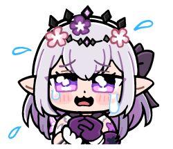 1girl :3 bkub black_tiara blush_stickers bow castorice_(honkai:_star_rail) chibi chibi_only commentary crying dot_nose dress english_commentary flower flying_sweatdrops gloves guest_art hair_bow hair_flower hair_ornament honkai:_star_rail honkai_(series) long_hair looking_at_viewer official_art open_mouth own_hands_clasped own_hands_together pink_flower pointy_ears purple_bow purple_eyes purple_flower purple_gloves purple_hair second-party_source simple_background solo tiara transparent_background white_dress