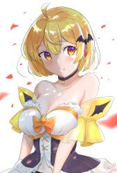 1girl absurdres ahoge bat_hair_ornament black_choker blonde_hair breasts choker cleavage closed_mouth dress fang hair_ornament highres hololive large_breasts looking_at_viewer ogura_toast short_hair skin_fang solo virtual_youtuber white_dress yellow_eyes yozora_mel yozora_mel_(1st_costume)