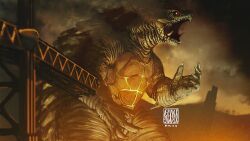 body_markings bridge claws cloud cloudy_sky daiei_film daiei_motion_picture destruction gamera gamera_(series) glowing glowing_markings highres kadokawa kaiju marcio_vasquez night no_humans open_mouth overcast red_eyes roaring sea_monster sharp_teeth sky smoke storm_cloud teeth turtle tusks