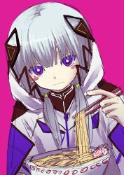 1girl blush_stickers bowl cevio chinese_commentary chopsticks closed_mouth commentary_request dutch_angle expressionless food grey_hair hair_over_shoulder half-closed_eyes holding holding_chopsticks holding_with_chopsticks hood hood_down hooded_jacket index_finger_raised jacket kafu_(cevio) kamitsubaki_studio light_frown long_hair long_sleeves looking_at_viewer low_twintails noodles pink_background purple_eyes ramen simple_background solo tako3000 twintails upper_body white_jacket yellow_pupils