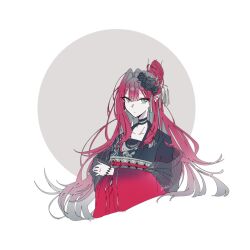 1girl baobhan_sith_(dream_portrait)_(fate) baobhan_sith_(fate) black_flower black_kimono cropped_torso fate/grand_order fate_(series) flower grey_eyes hair_flower hair_ornament japanese_clothes kimono long_hair looking_at_viewer pink_hair pointy_ears red_kimono sidelocks solo torikai18 upper_body wide_sleeves