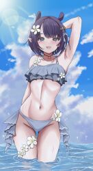 absurdres arm_behind_head armpits bikini cloud flower frilled_bikini frills groin highres hololive hololive_english holonatsu_paradise navel ninomae_ina&#039;nis ninomae_ina&#039;nis_(holonatsu_paradise) ocean solo stomach sunlight swimsuit varo_006 virtual_youtuber wading water